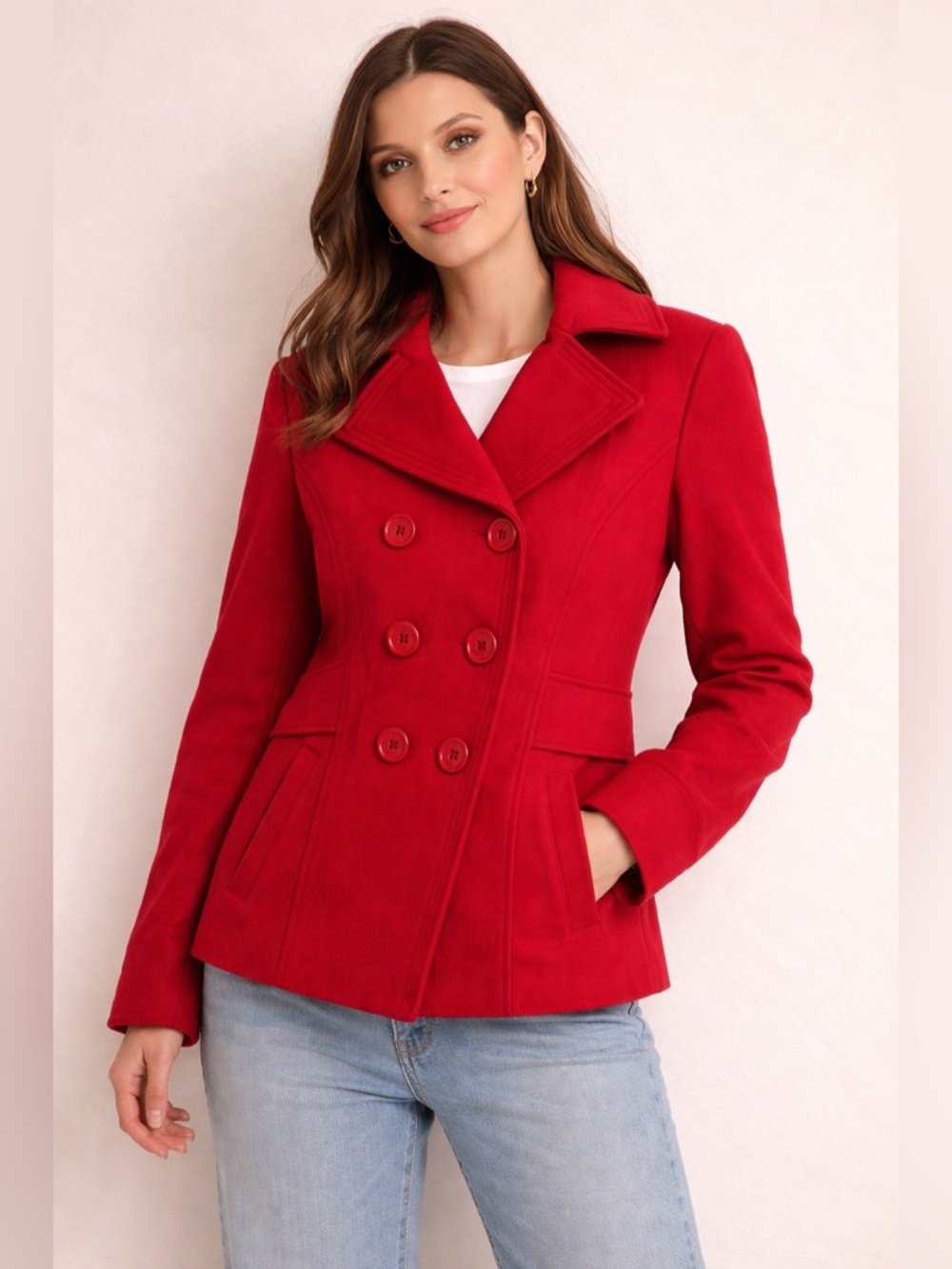 Guess Red Wool Peacoat Women’s Large With Embroidered Guess Crest